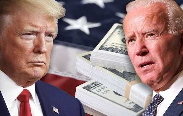 donald trump and joe biden in front of the american flag and stacks of money