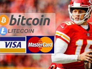 kc chiefs qb patrick mahomes with logos for visa mastercard bitcoin and litecoin