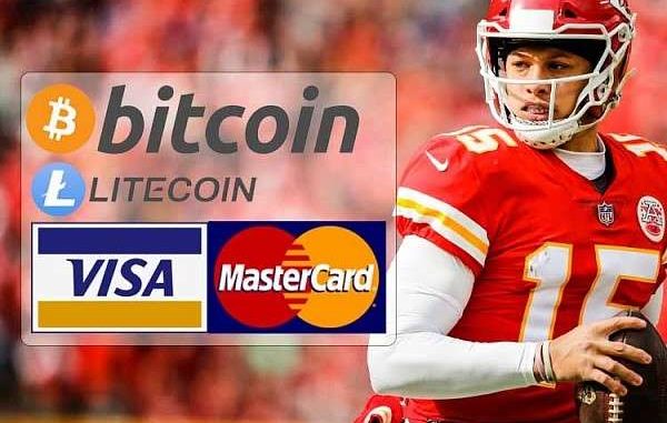 kc chiefs qb patrick mahomes with logos for visa mastercard bitcoin and litecoin