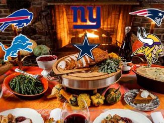 A Thanksgiving dinner with logos for the Detroit Lions Buffalo Bills Dallas Cowboys New York Giants New England Patriots and Minnesota Vikings
