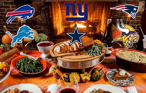 18 and over betting on Thanksgiing Day NFL odds in 2022 A Thanksgiving dinner with logos for the Detroit Lions Buffalo Bills Dallas Cowboys New York Giants New England Patriots and Minnesota Vikings
