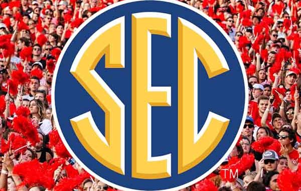 SEC logo in front of cheering Georgia Bulldogs fans