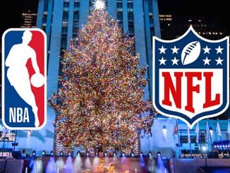 NBA and NFL logos next to Christmas Tree in Rockefeller Center