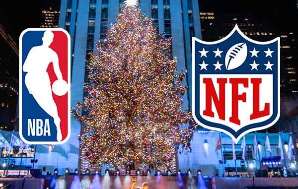 NBA and NFL logos next to Christmas Tree in Rockefeller Center