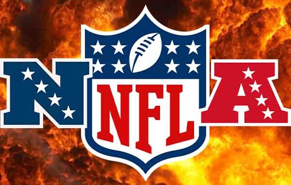 logos for the NFL, AFC, and NFC in front of an explosion