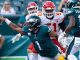 Philadelphia Eagles QB Jalen Hurts avoiding a sack from the Kansas City Chiefs defense