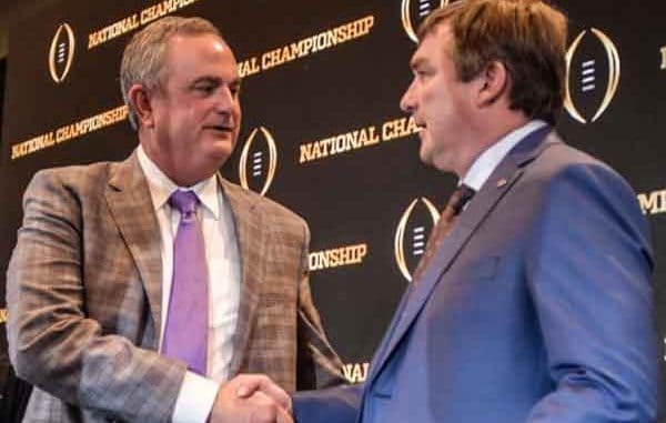 head coaches of Georgia and TCU shaking hands at a CFP Press Conference