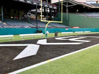 an endzone painted with the XFL logo
