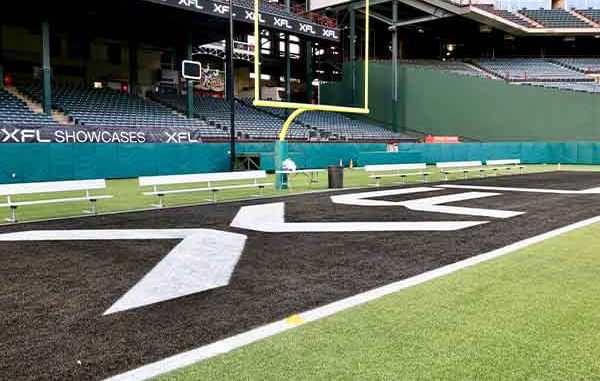 an endzone painted with the XFL logo