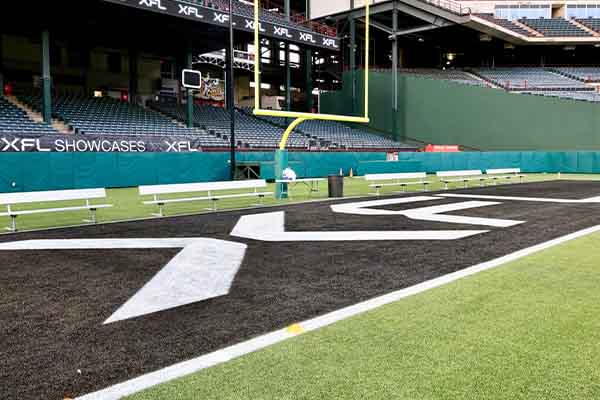 an endzone painted with the XFL logo