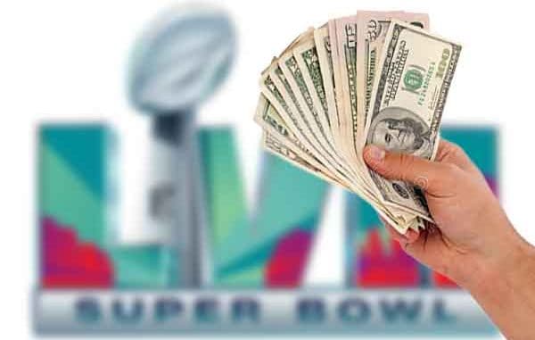 a hand full of cash reaching out to a Super Bowl LVII logo