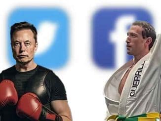 Elon Musk in boxing gloves next to Mark Zuckerberg in a gi in front of Twitter and Facebook logos