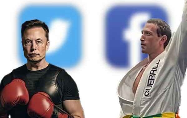 Elon Musk in boxing gloves next to Mark Zuckerberg in a gi in front of Twitter and Facebook logos