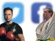 Elon Musk in boxing gloves next to Mark Zuckerberg in a gi in front of Twitter and Facebook logos