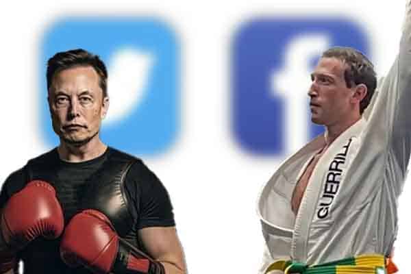 Elon Musk in boxing gloves next to Mark Zuckerberg in a gi in front of Twitter and Facebook logos