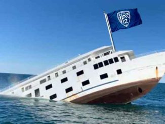 a Pac-12 flag attached to a sinking ship