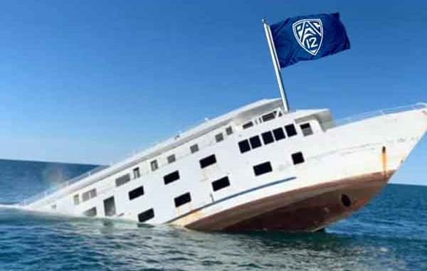 a Pac-12 flag attached to a sinking ship