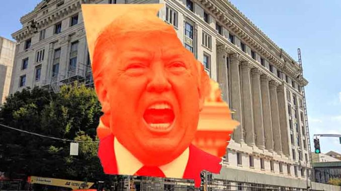 Trump yelling inside an outline of Georgia in front of a GA courthouse