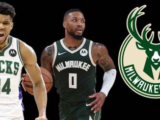 Giannis Antetokounmpo and Damian Lillard next to a Milwaukee Bucks logo