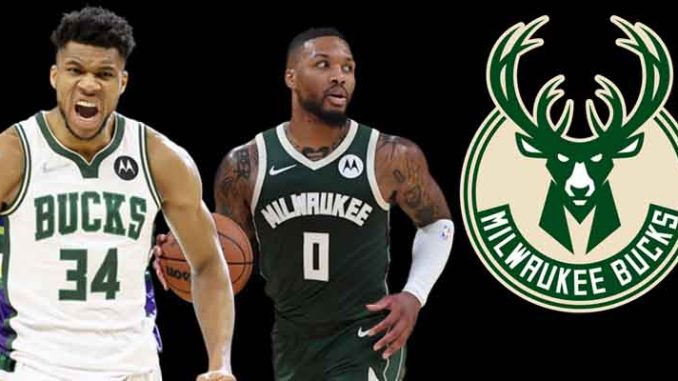 Giannis Antetokounmpo and Damian Lillard next to a Milwaukee Bucks logo