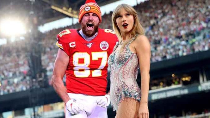 betting odds for Taylor Swift and Travis Kelce Travis Kelce and Taylor Swift at a crowded NFL Stadium