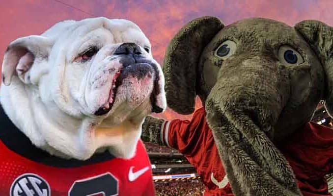mascots for the Georgia Buldogs and Alabama Crimson Tide