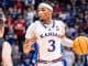 Dajuan Harris of the Kansas Jayhawks basketball team taking the ball upcourt