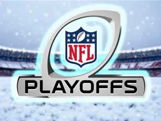 an NFL Playoffs logo over a snowy football stadium