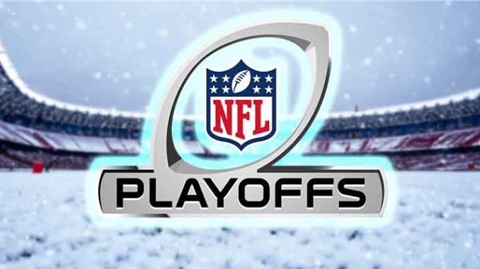 an NFL Playoffs logo over a snowy football stadium