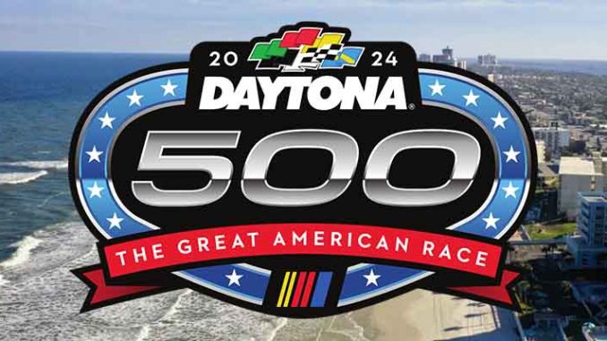 Daytona 500 2024 logo over Daytona Beach, Florida