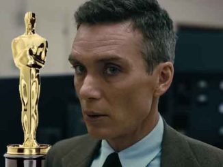 Cillian Murphy as Oppenheimer with an Oscar in the background