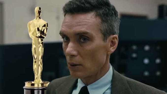 Cillian Murphy as Oppenheimer with an Oscar in the background