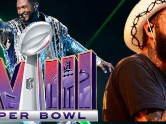 Usher and Post Malone performing next to a Super Bowl LVIII logo