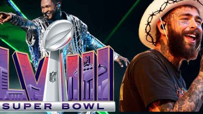 Usher and Post Malone performing next to a Super Bowl LVIII logo