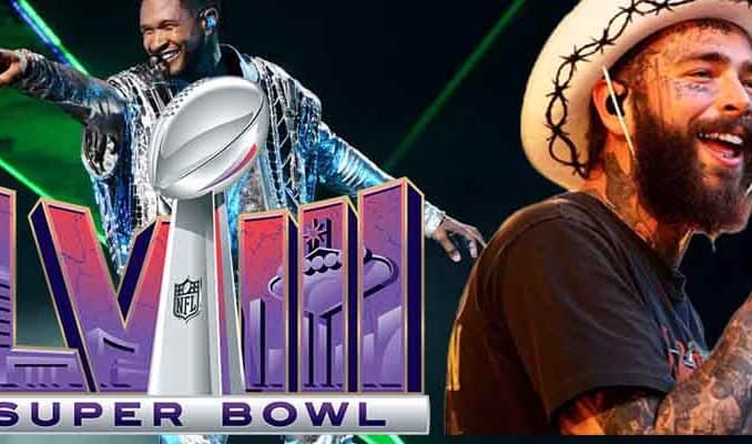 Usher and Post Malone performing next to a Super Bowl LVIII logo