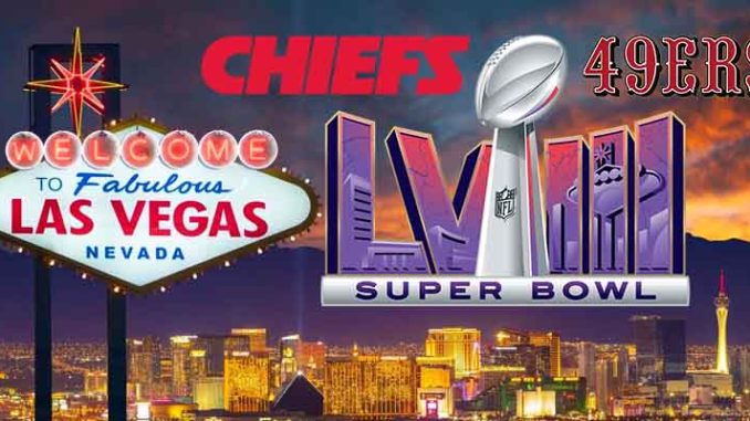 Las Vegas Skyline with welome sign, Super Bowl LVIII logo, and logos for the Chiefs and 49ers