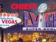 Las Vegas Skyline with welome sign, Super Bowl LVIII logo, and logos for the Chiefs and 49ers