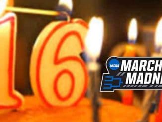 a birthday cake with 16 candles and a March Madness logo