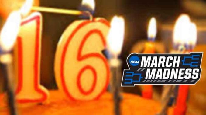 a birthday cake with 16 candles and a March Madness logo