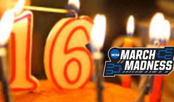 a birthday cake with 16 candles and a March Madness logo