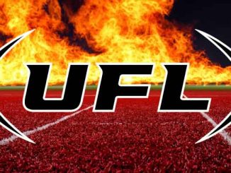 UFL logo over a football field on fire
