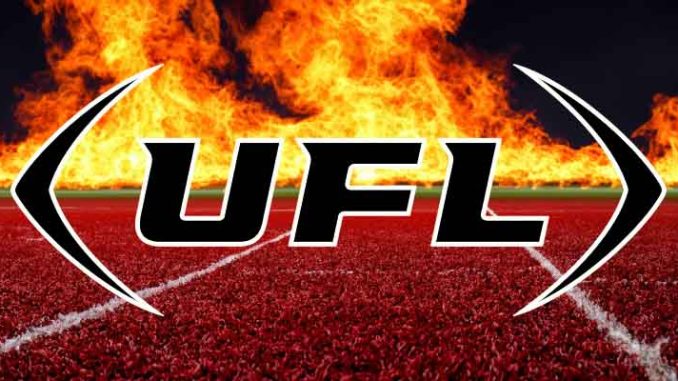 UFL logo over a football field on fire