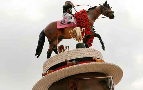 a Kentucky Derby hat with a racehorse on top of it