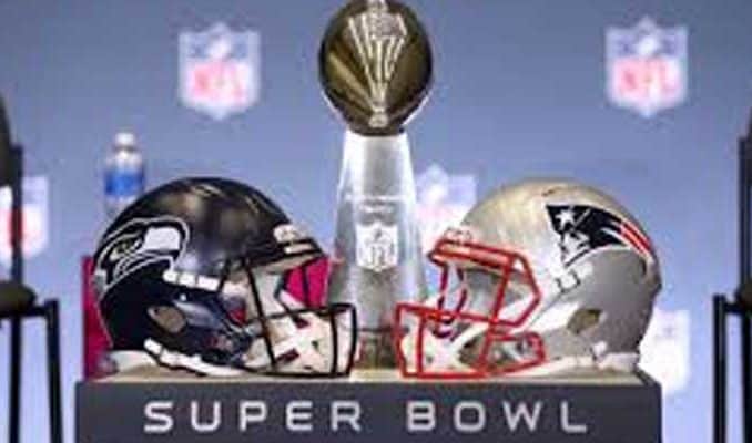 Super Bowl helmets and trophy