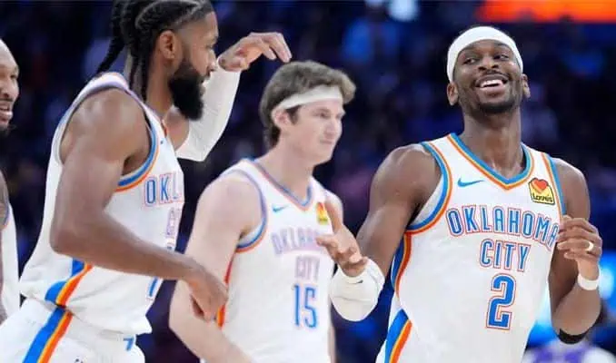 OKC Thunder laughing on court
