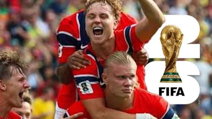 Norway team in front of FIFA logo