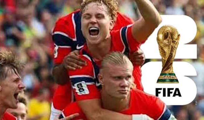 Norway team in front of FIFA logo